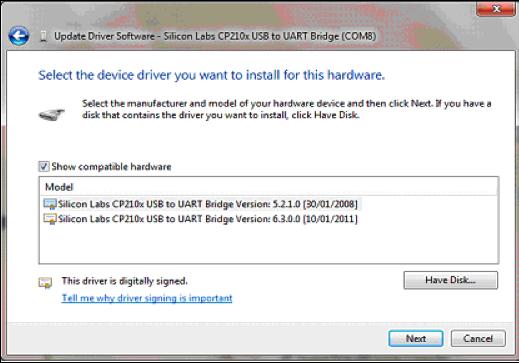 9. (continued from previous page) For Windows users only: A warning Wrong USB driver appears when
