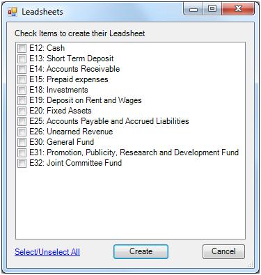 122 which you wish to create a Leadsheet: Check the desired items (or click Select all), then click Create Leadsheets. NOTE: Leadsheets already created are removed from the list.