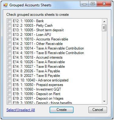 Working Papers 129 Check the desired accounts (or click Select all), then click Create. NOTE: Grouped Account Sheets already created are removed from the list.