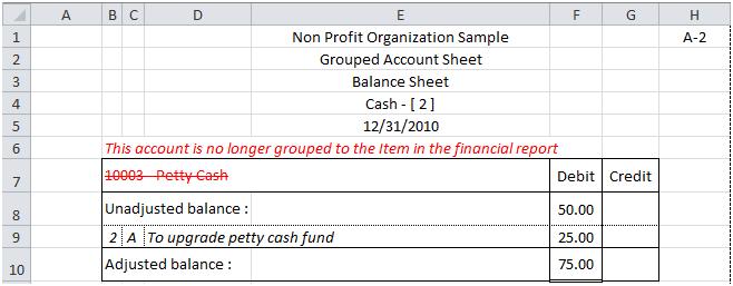 Working Papers 131 Deleted Item groupings If the account is no longer grouped to an Item in the financial report, it will be indicated in the Grouped Account Sheet as follows: