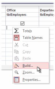 criteria for the Office field of my Staff table to the value that the user chose on the cbooffice combo box on my new custom dialog box. I'll do the same for the Department field. 2.