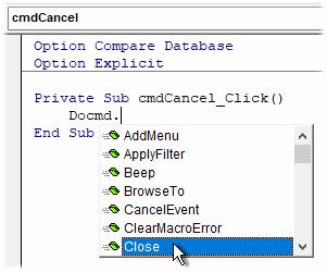Fig. 20 Start writing the code to close the dialog box. Choose Close from the list (Fig. 20) and type a space. Typing the space both enters the text Close into your code and also enters the space.