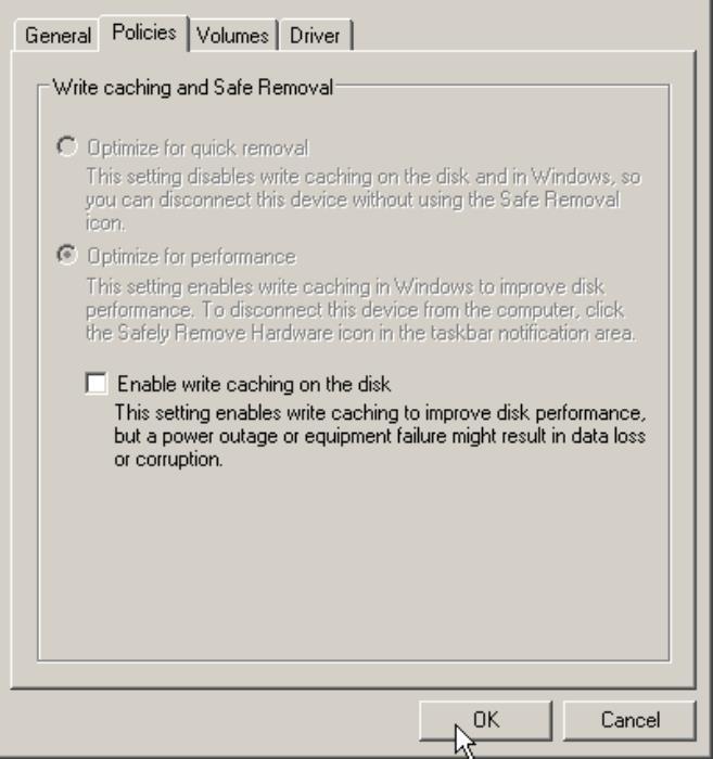 Changing the enable write caching option The Enable Write Cache option has no effect on the cache algorithm when used with Hitachi storage systems and is not related to any internal Windows server