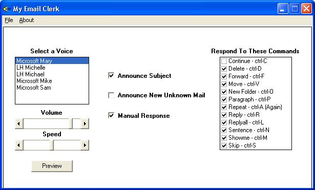 Configuring the Email Clerk Voice If you plan to have the Email Clerk announce any of your incoming emails, click the Voice button on the Email Clerk toolbar to configure the Voice settings.