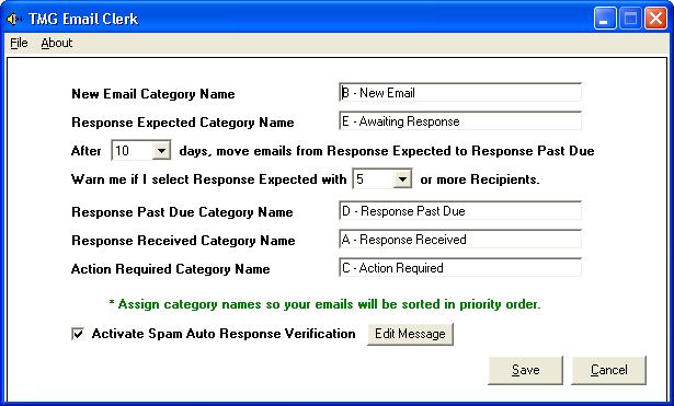 Configuring the Email Clerk Preferences Use the preferences settings to assign category names for different types of emails so they can be sorted in your Inbox.
