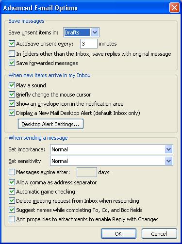 Advanced Options Click on the Advanced E-mail Options button as shown in the picture above to display the Advanced E-Mail Options screen as shown below.