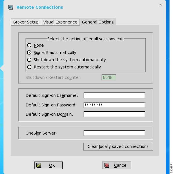 Remote connection setup Figure 13: General Options tab Use the General Options tab options to select the action after you exit all open desktops (by default, the zero client automatically returns to