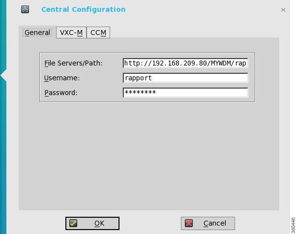 Central configuration setup Central configuration setup The Central Configuration dialog box allows you to configure zero client central connection settings such as file server and optional VXC