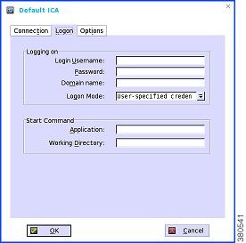 ICA connection setup Figure 17: Logon tab Use the following guidelines on the Logon tab: Logging on area Enter Login Username, Password, Domain name, and Logon Mode (if the Login Username, Password,