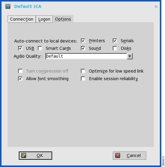 RDP connection setup Figure 18: Options tab Use the following guidelines on the Options tab: Auto-connect to local devices Select any options (Printers, Serials, USB, Smart Cards, Sound, and Disks)