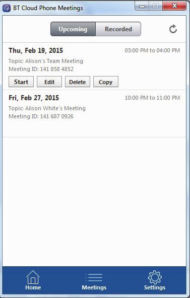 8. MEETINGS APP. Click on Meetings on the bottom menu to bring up details and start, edit, delete, or copy the meeting. 8.