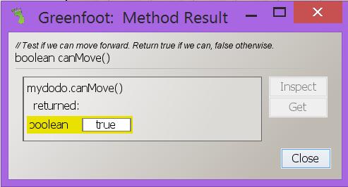 Figure 17: Dialogue box for canmove ( ) b) Can you move Mimi to another location so that boolean canmove ( ) returns a different result than true? c) What do you think boolean means?