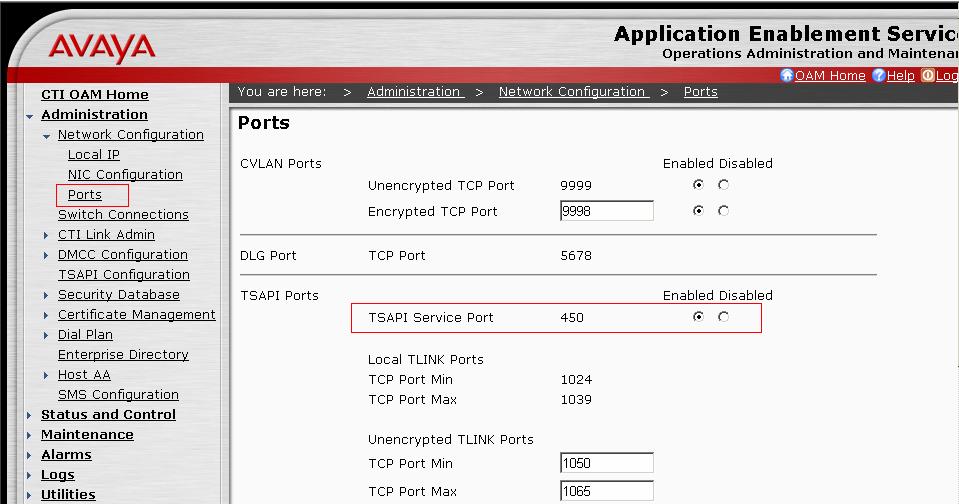 Navigate to the CTI OAM Home Network Configuration Administration Ports page to set the TSAPI Service port.
