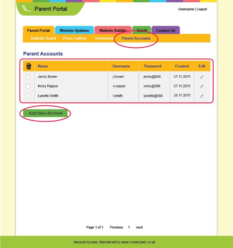 d. (Parent Account) You can create unique username and password for all parents to access. STEP 1: To create a new parent account, click on the [Parent Portal] tab.