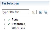 5. How to use the Pin Selection pane The Pin Selection pane shows all the Pins that are available for the device. The pins are categorized into groups - Ports, Peripherals, and Other Pins.