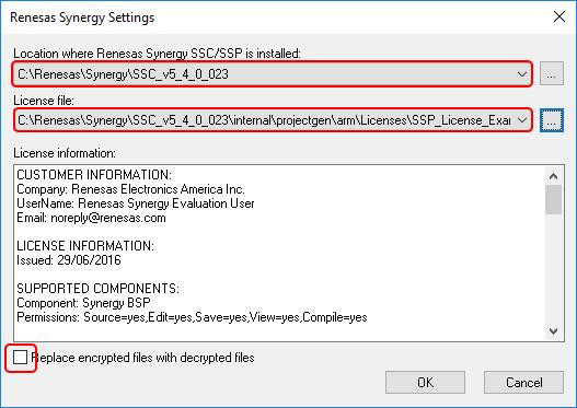 4. In the Renesas Synergy Settings dialog box that appears, specify: Location where Renesas Synergy SSC/SSP is installed: C:\Renesas\Synergy\SSC_SSCversion the default installation folder.