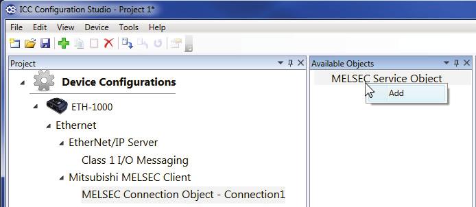 . In the Available Objects panel, right-click on MELSEC Service Object and select Add. MELSEC Service Object will then appear beneath MELSEC Connection Object Connection in the project tree. Project.