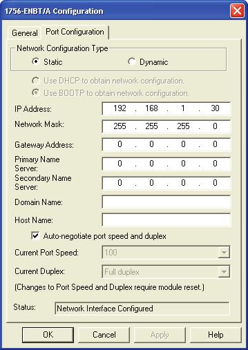 Click OK and save the new IP address configuration. The new IP address should scroll across the front of the ENBT module.