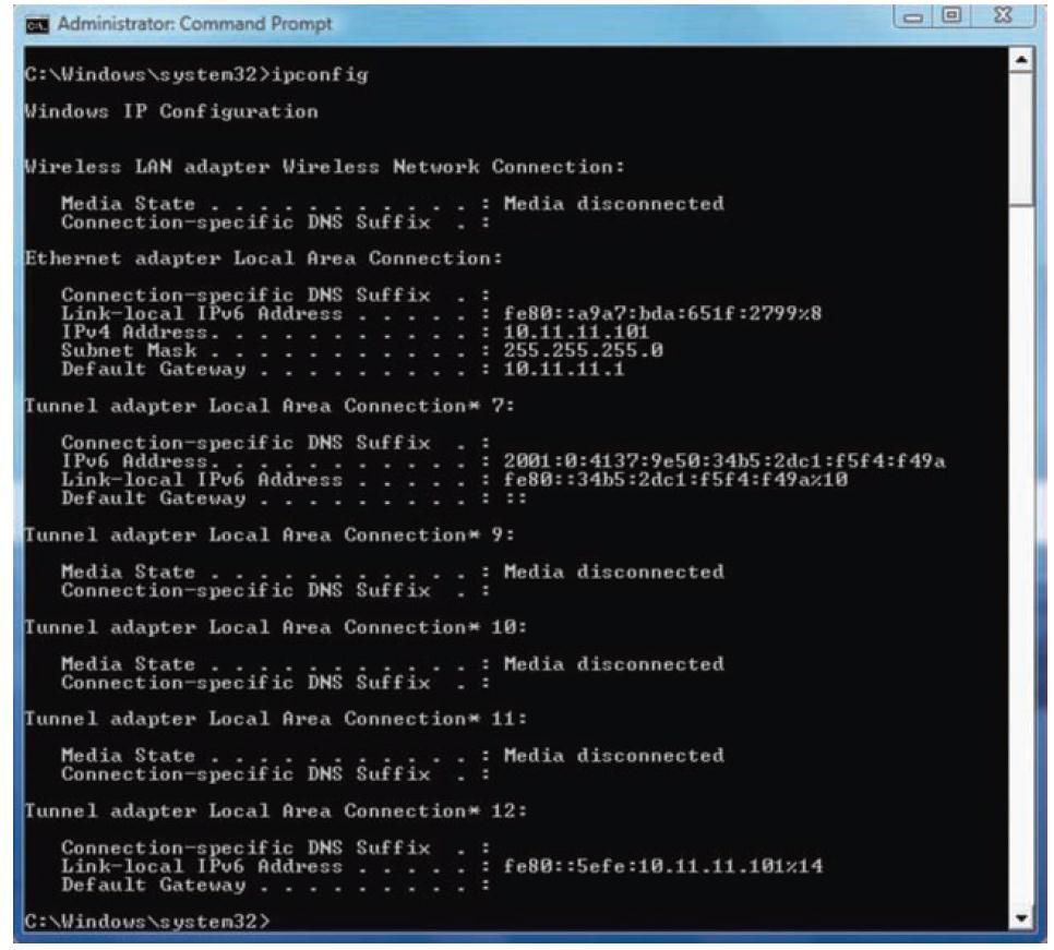 Figure 9-12 Output of an ipconfig command on a Windows workstation Courtesy