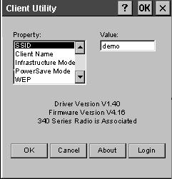 Configuration 9 Figure 3. The Client Utility Dialog Box 2 Select SSID from the Property list. 3 Enter the ESS ID this mobile device will use in the Value text box. 4 Tap OK.