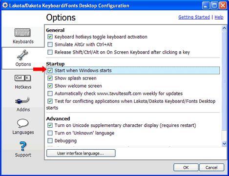 Click on the keyboard icon with right mouse button and select "Configuration" in the pop-up menu item. An "Options" dialog with tabs appears.