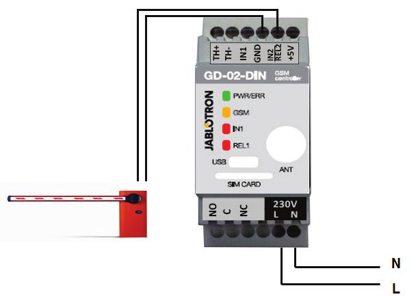 Figure 2: GD-02-DIN as a barrier controller. 5.2 MONITORING mode This mode serves for monitoring the status of up to two devices using the IN1 / IN2 inputs.