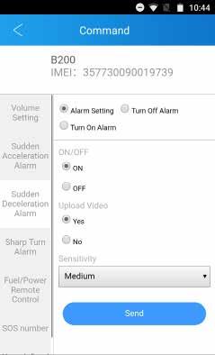 Sudden Acceleration Alarm, Sudden Deceleration Alarm & Sharp Turn Alarm: Toggle on/off, set whether to upload