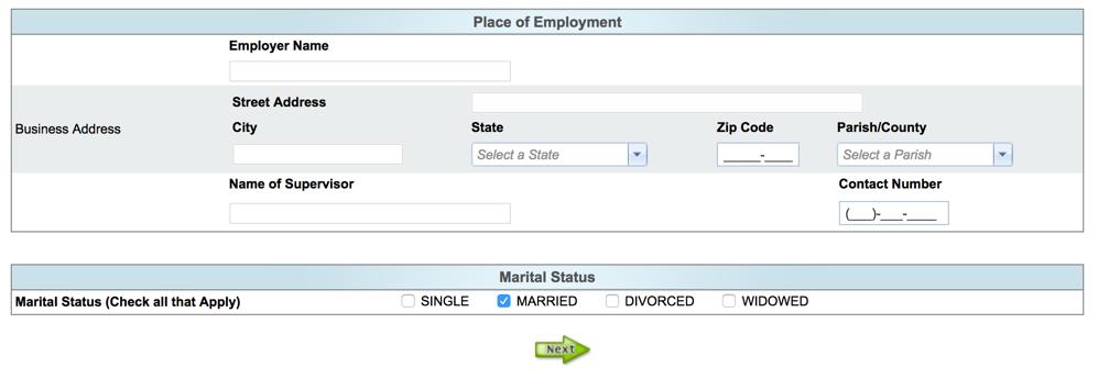 General Information Page Continued: At the bottom of the page you will find Place of Employment and Marital Status.