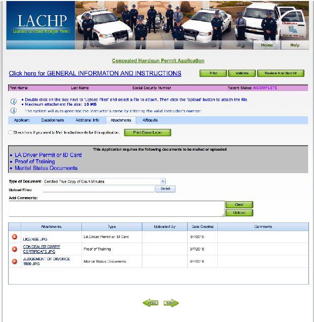 Attachments Page: On this page you will upload a copy of your drivers license or ID, and the certificate of training.