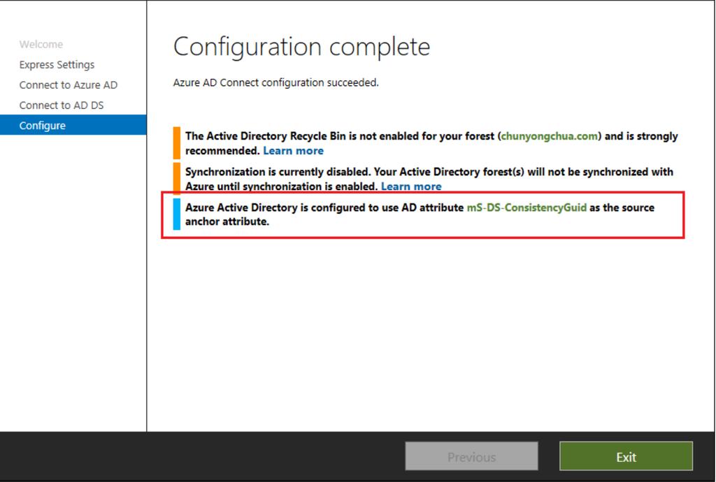 New installations: Express Installation Azure AD Connect wizard queries your Azure AD tenant to retrieve the AD attribute used as the sourceanchor attribute.