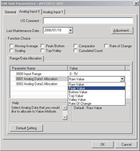 Analog Input Units Section 5-4 3. Open the tab page for the input for which analog data is to be selected, and select from the pull-down list the type of data to be allocated to Analog Data.
