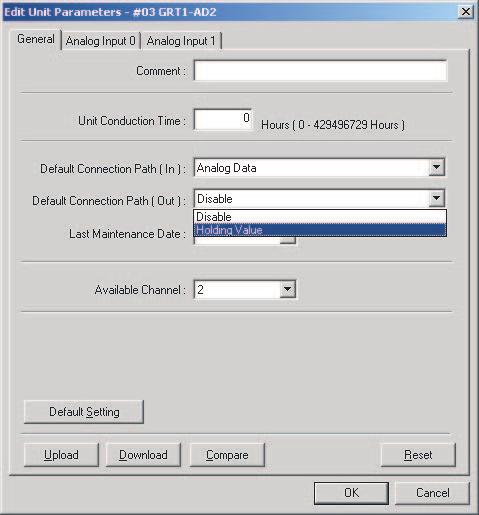To allocate the Hold Flag (output) in the default connection path, click the General Tab, and select Holding Value from the pull-down menu in the Default