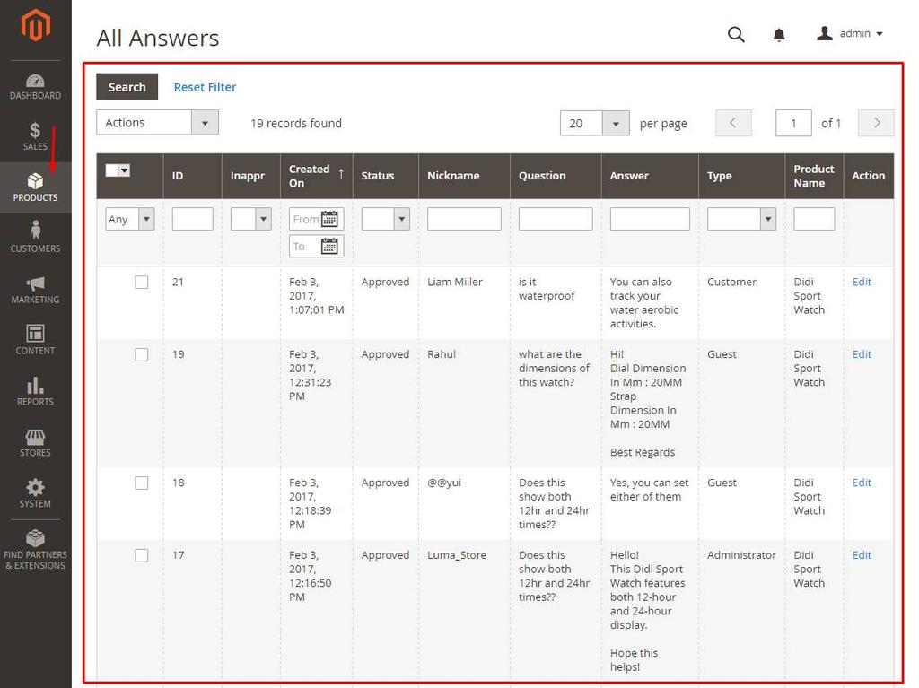 3.3 Managing Answers Admin can manage answers in the backend following PRODUCTS -> Product Q/A -> All Answers. The "All Answers" grid lists all answers. From the grid you can manage existing answers.