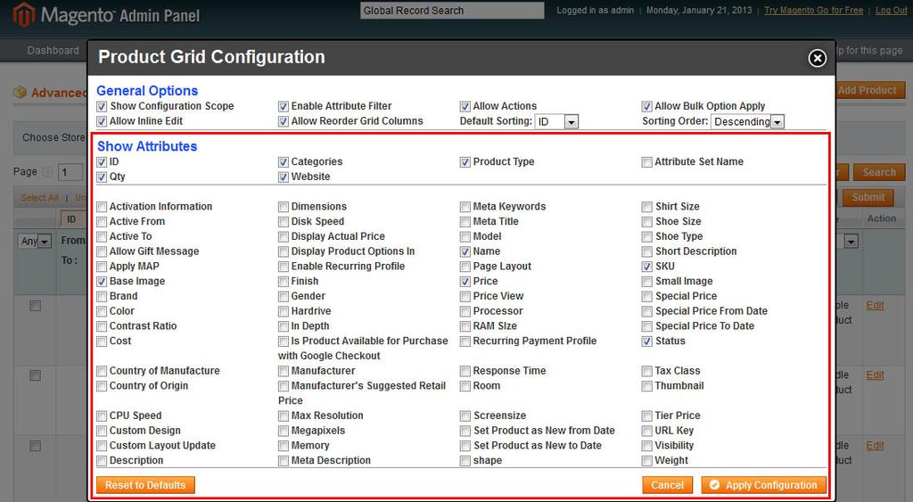 Check the attributes and system values that yu want t be displayed in the prducts list and press Apply Cnfiguratin buttn.