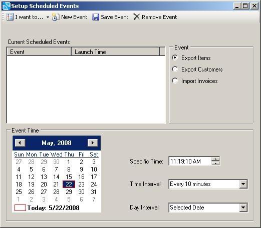 Scheduled event setup 3. From this interface you can setup one of the 3 events to happen on a selected interval. 4. You can setup events to occur at a specific date/time or at an interval you set.