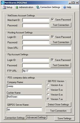 Connection Settings Options 2. Here you can edit the various user name and passwords of the accounts used by POS2Net.
