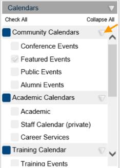 CHAPTER 13: Navigate EMS Master Calendar VIEW EVENTS IN EMS MASTER CALENDAR The Calendar panel is condensed into groups, which you can expand or collapse.