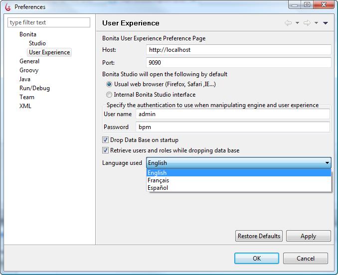Figure 137. Change Bonita User Experience preferences Host : the host where the Web Browser is opened Port : the port used by Embedded Jetty server 4.2.1.1 Change Web Browser for User Experience In this dialog, you can select your system s usual web browser or the internal Bonita Studio interface.