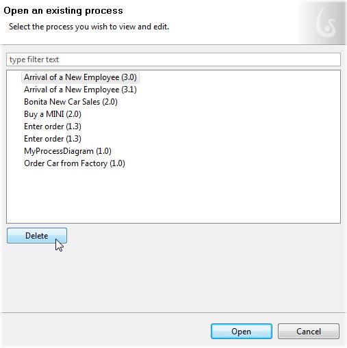 2.17.8 Close a Process / Close all To Close a single Process, select Process -> Close or click the X on its tab. To Close all open Processes, select Process -> Close All from the Menu bar. 2.17.9 Delete a Process Each time you open a new Process in Bonita Studio, it is automatically saved.