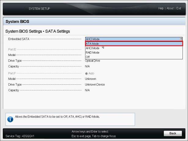 3 On the System BIOS Settings page, select SATA Settings. 4 On the SATA Settings page, change the Embedded SATA setting to ATA Mode.
