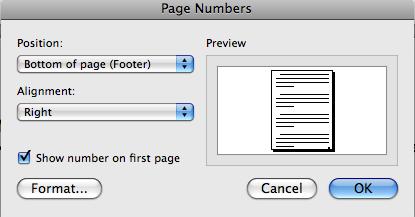 Page numbers: Select Insert -> Page Numbers, select desired options from the Page Numbers Setup dialog window: Headers and Footers: You can create headers and footers that include text or graphics