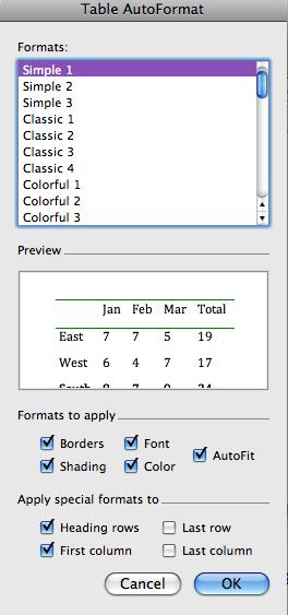 initial column width: Click on the AutoFormat button to choose a pre- set style