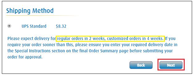 Once you click on Checkout, you will be directed to the Shipping Method page. Here the shipping method is outlined including estimated delivery time.