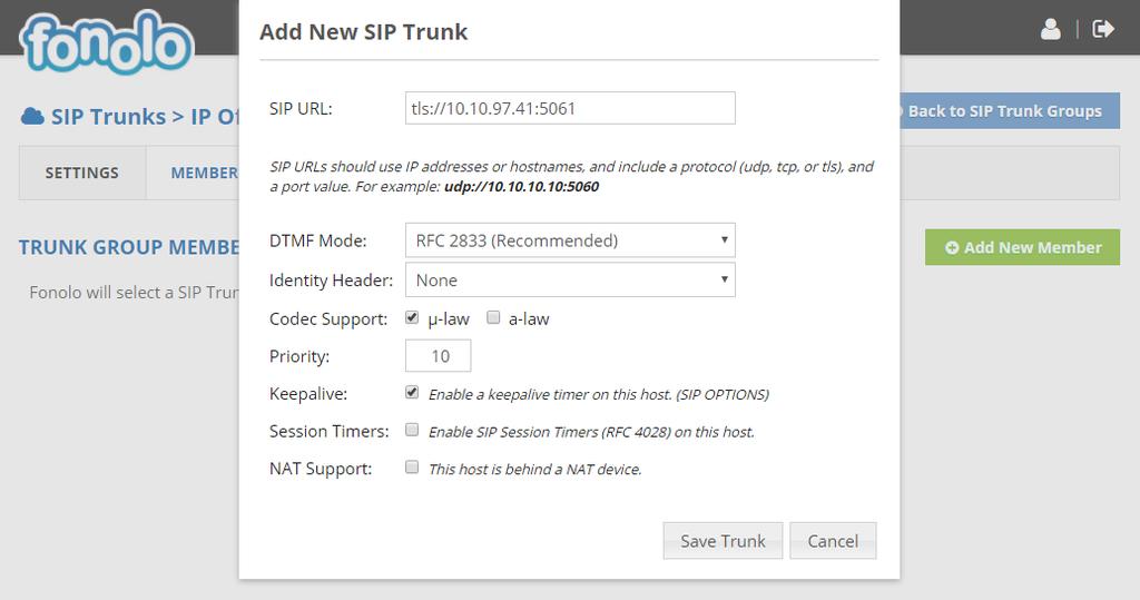 Add the IP address of IP Office, formatted as a fully qualified URL, defining the protocol and SIP port, then click the Save Trunk button.