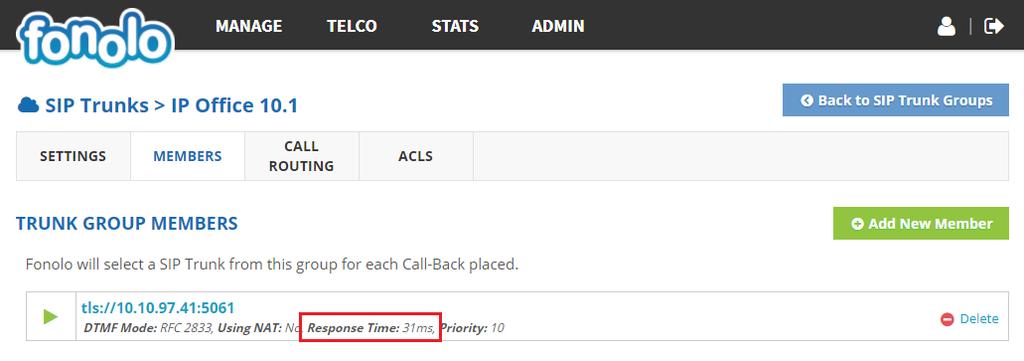 8.1. Verify Fonolo In-Call Rescue In the Fonolo customer portal, verify the link status of the SIP trunk group to IP Office, by navigating to Telco SIP Trunks.