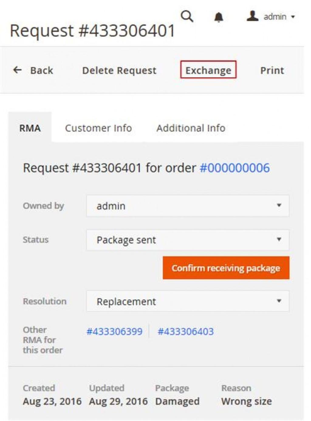 Image 15. Perform an exchange 4. Customer Interface 4.1. RMA page Home page > My Returns Customers can manage and request returns from their My Returns page.