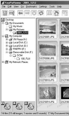 3. The FinePix CD Album Maker window opens and the folders selected in step 2 are registered. Images are displayed showing the folder contents. Current data size. Drag and drop to add further images.