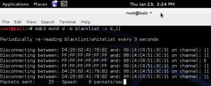 5. Type #nano blacklist Put the target networks MAC addresses on separate lines 6. Type ctrl-x, Y, enter 7.