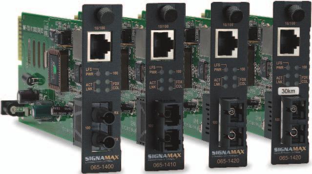 AMEDIA CONVERTER SYSTEMS 10/100 Switching Managed Media Converters Signamax Connectivity Systems 065-1400 series Managed Switching Media Converters are modular SNMP-managed media converter cards