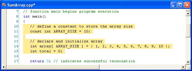 13.3 Declaring and Initializing Arrays (Cont.) Figure 13.6 Defining and initializing an array in main.